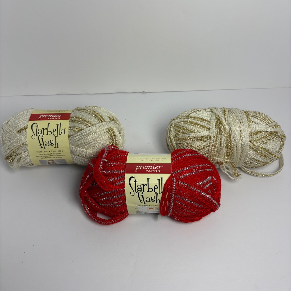 Premier Yarns Starbella Flash Lot of 3 Marble Ruby Metallic Ruffle Scarf Yarn